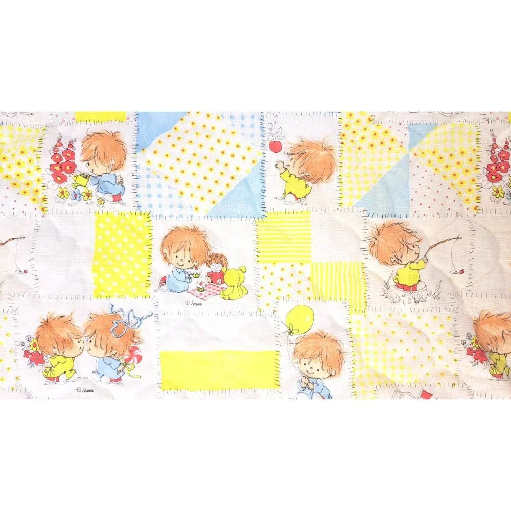 Vintage Patchwork Print Baby Quilt Child Yellow Little Lil Shavers 1970 Satin - Picture 6 of 13